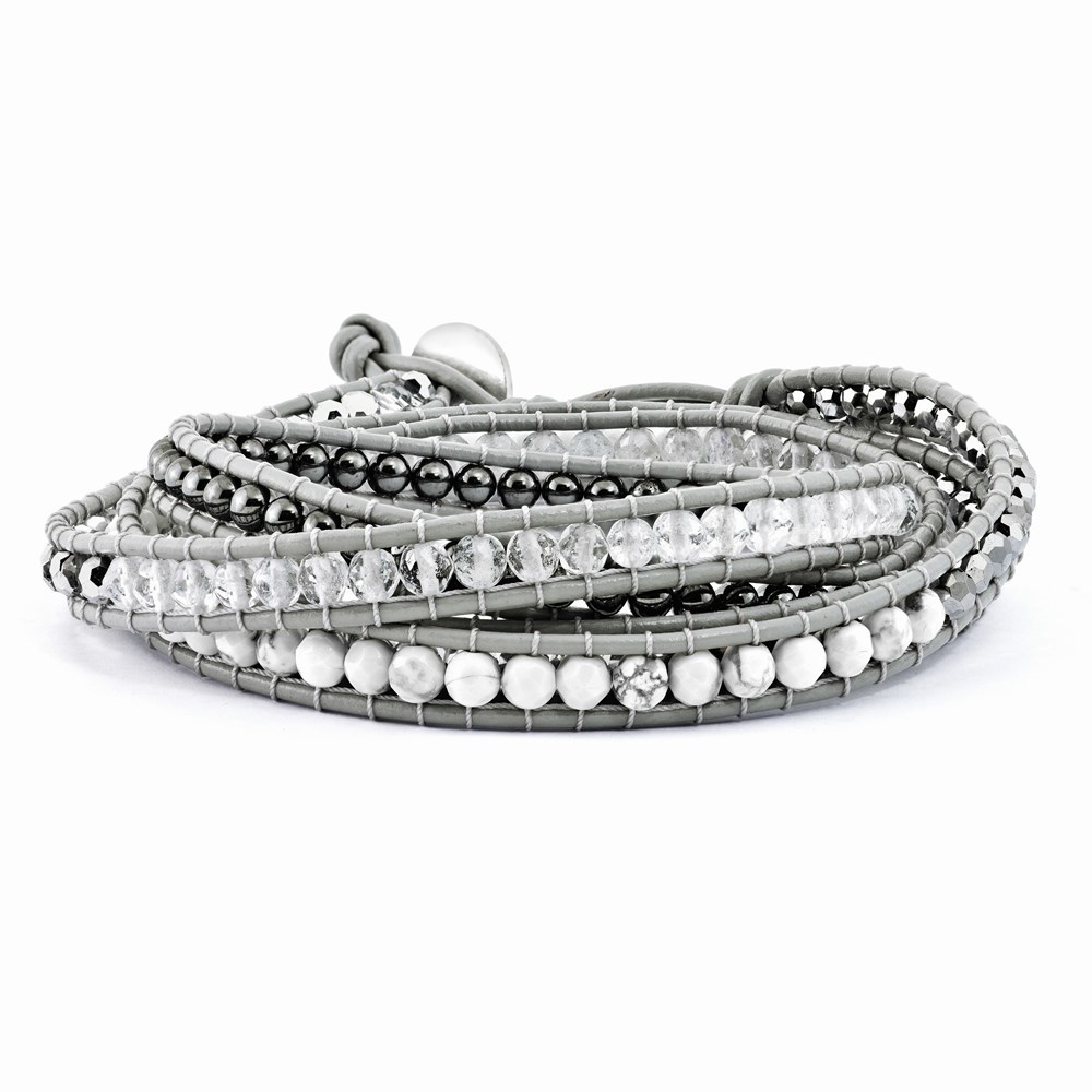 Crystal Hematite White Howlite Bead Leather Multi-wrap Fashion Bracelet